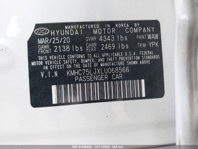 2020 Hyundai Ioniq Electric Se VIN: KMHC75LJXLU068566 Lot: 41048842