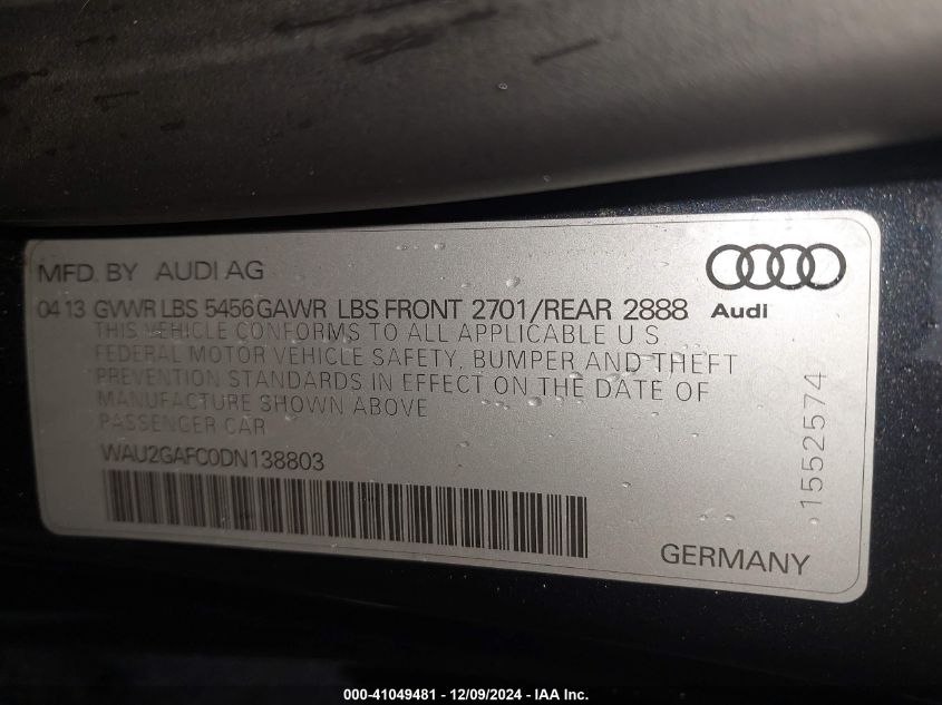 2013 Audi A7 3.0T Premium VIN: WAU2GAFC0DN138803 Lot: 41049481