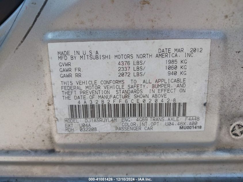 2012 Mitsubishi Galant Fe VIN: 4A32B2FF6CE020428 Lot: 41051426