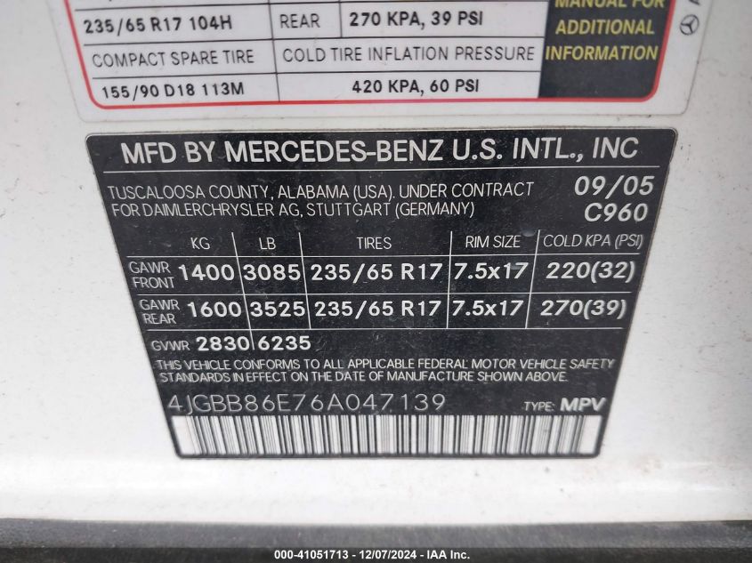 2006 Mercedes-Benz Ml 350 4Matic VIN: 4JGBB86E76A047139 Lot: 41051713