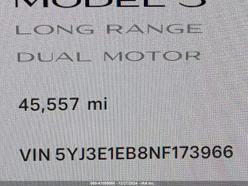 2022 Tesla Model 3 Long Range Dual Motor All-Wheel Drive VIN: 5YJ3E1EB8NF173966 Lot: 41055058