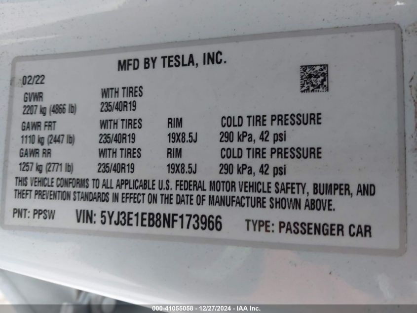 2022 Tesla Model 3 Long Range Dual Motor All-Wheel Drive VIN: 5YJ3E1EB8NF173966 Lot: 41055058