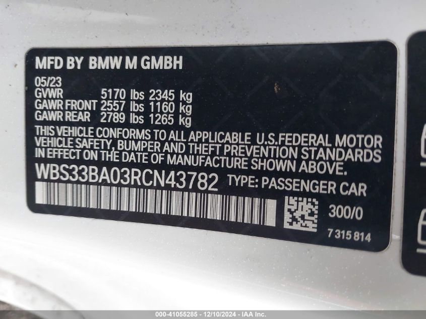 2024 BMW M4 Competition xDrive VIN: WBS33BA03RCN43782 Lot: 41055285