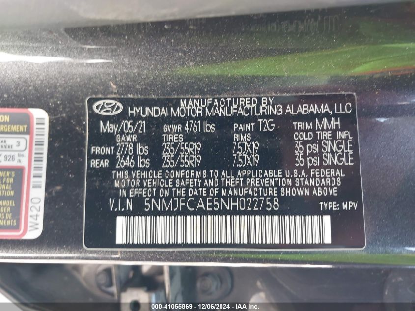 2022 Hyundai Tucson Sel VIN: 5NMJFCAE5NH022758 Lot: 41055869