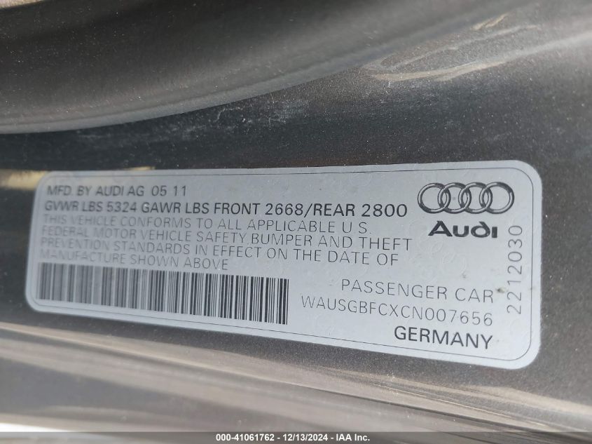 2012 Audi A7 Premium VIN: WAUSGBFCXCN007656 Lot: 41061762