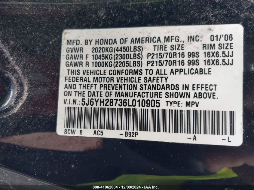 2006 Honda Element Ex-P VIN: 5J6YH28736L010905 Lot: 41062004