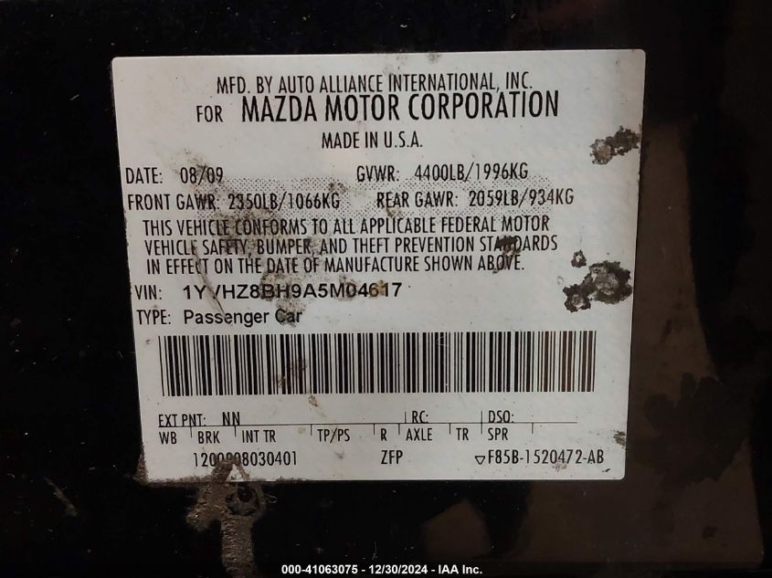 2010 Mazda Mazda 6 I VIN: 1YVHZ8BH9A5M04617 Lot: 41063075