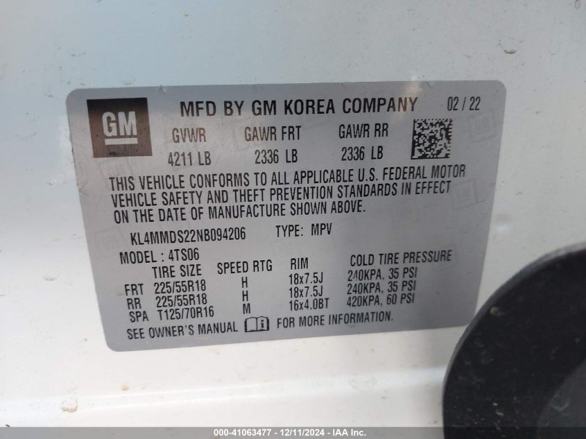 2022 Buick Encore Gx Fwd Select VIN: KL4MMDS22NB094206 Lot: 41063477