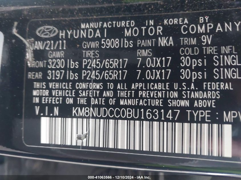 2011 Hyundai Veracruz Gls VIN: KM8NUDCC0BU163147 Lot: 41063566