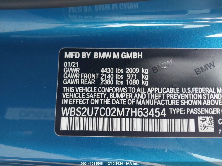 2021 BMW M2 Competition VIN: WBS2U7C02M7H63454 Lot: 41063808