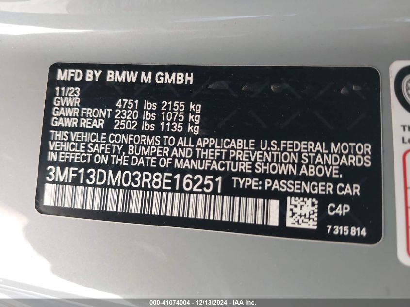 2024 BMW M2 VIN: 3MF13DM03R8E16251 Lot: 41074004