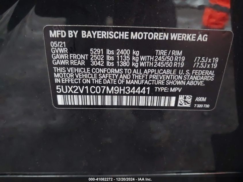 2021 BMW X4 xDrive30I VIN: 5UX2V1C07M9H34441 Lot: 41082272