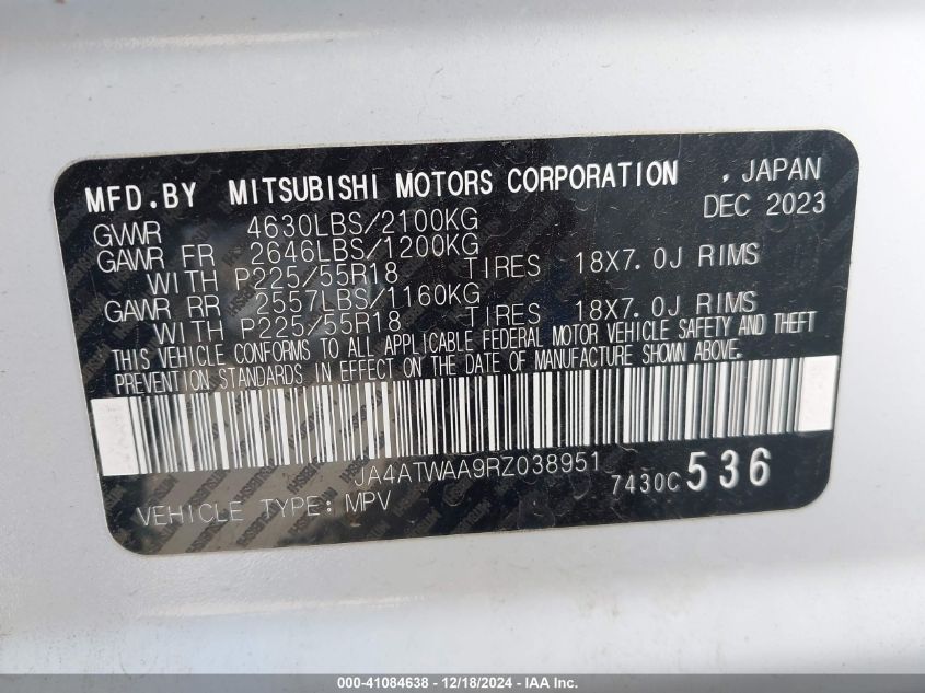 2024 Mitsubishi Eclipse Cross Se /Sel VIN: JA4ATWAA9RZ038951 Lot: 41084638