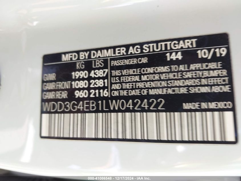 2020 Mercedes-Benz A 220 VIN: WDD3G4EB1LW042422 Lot: 41086548