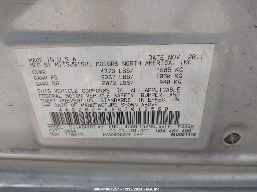 2012 Mitsubishi Galant Fe VIN: 4A32B2FFXCE012560 Lot: 41087257