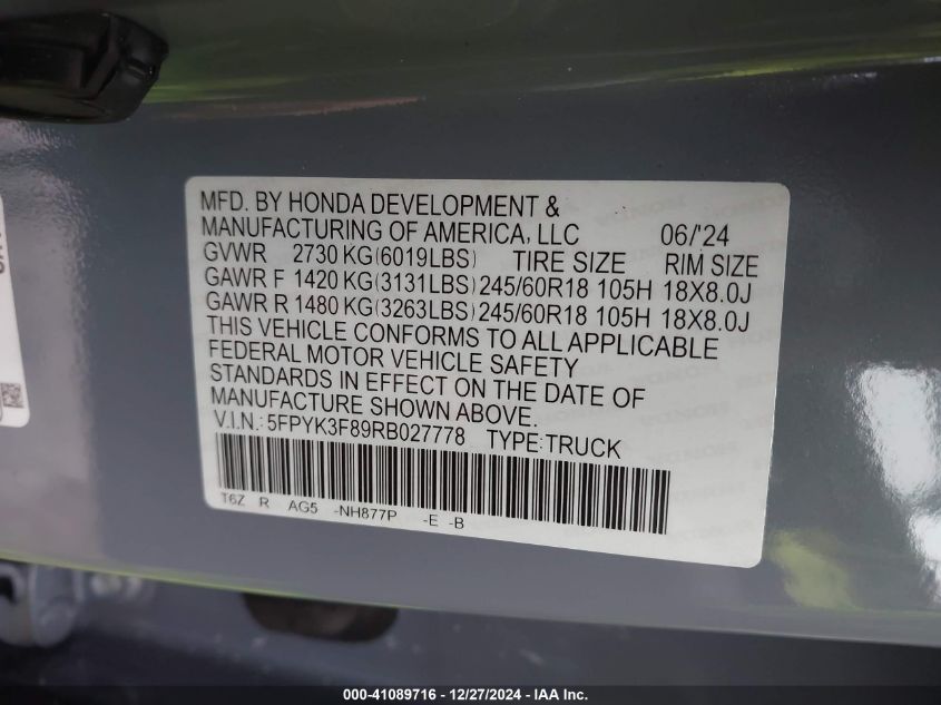 2024 Honda Ridgeline Black Edition VIN: 5FPYK3F89RB027778 Lot: 41089716