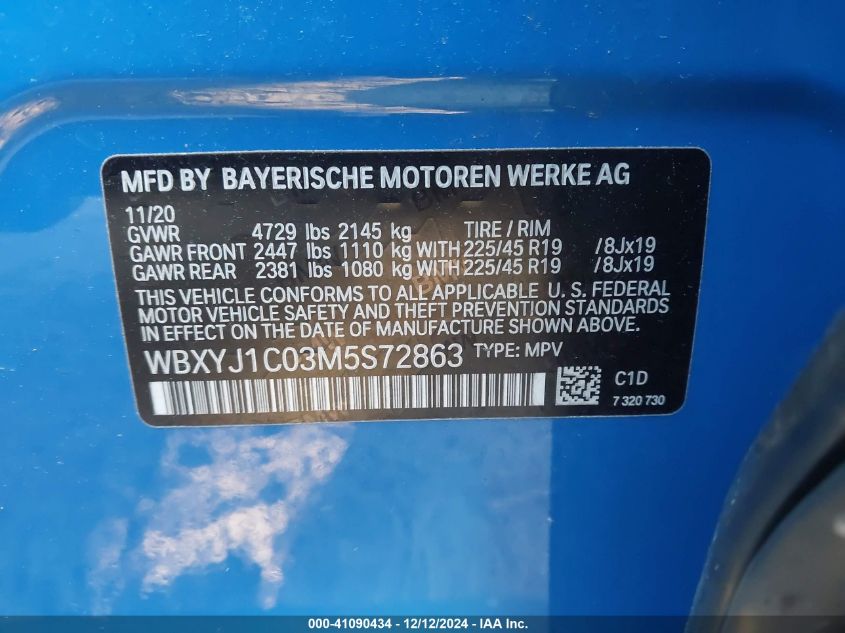 2021 BMW X2 xDrive28I VIN: WBXYJ1C03M5S72863 Lot: 41090434