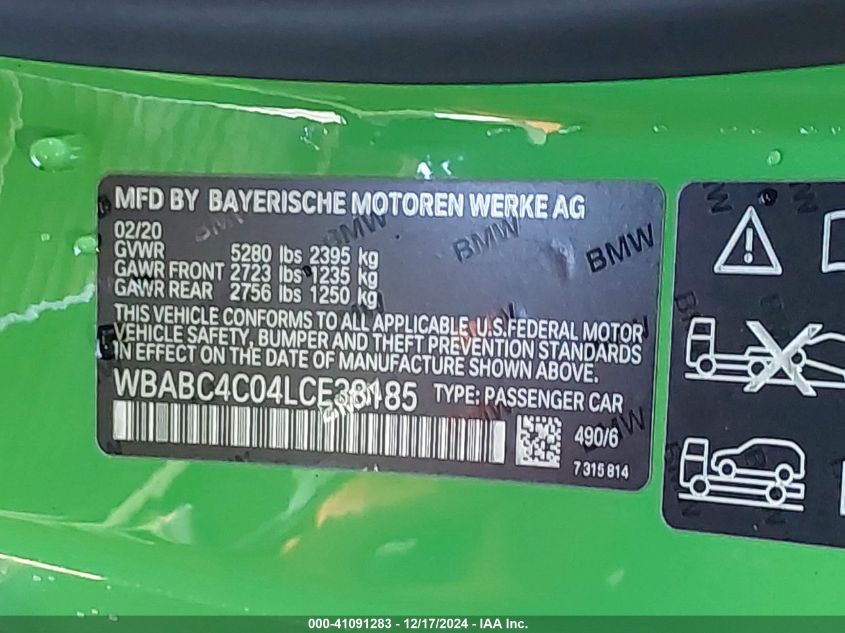 2020 BMW M850I xDrive VIN: WBABC4C04LCE38185 Lot: 41091283