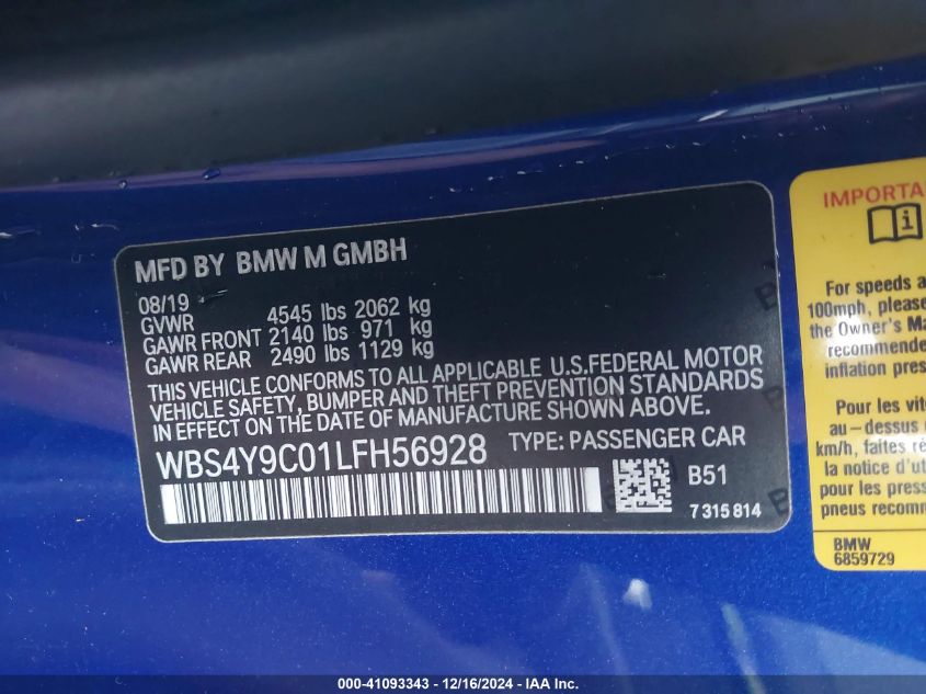 2020 BMW M4 VIN: WBS4Y9C01LFH56928 Lot: 41093343