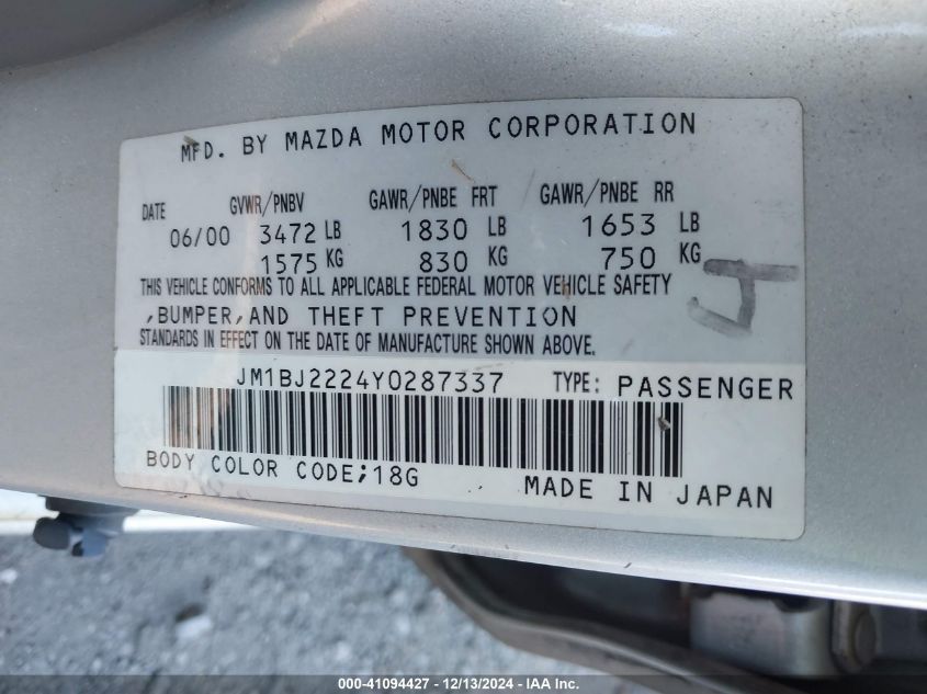 2000 Mazda Protege Dx/Lx VIN: JM1BJ2224Y0287337 Lot: 41094427