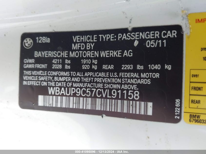 2012 BMW 128I VIN: WBAUP9C57CVL91158 Lot: 41095096