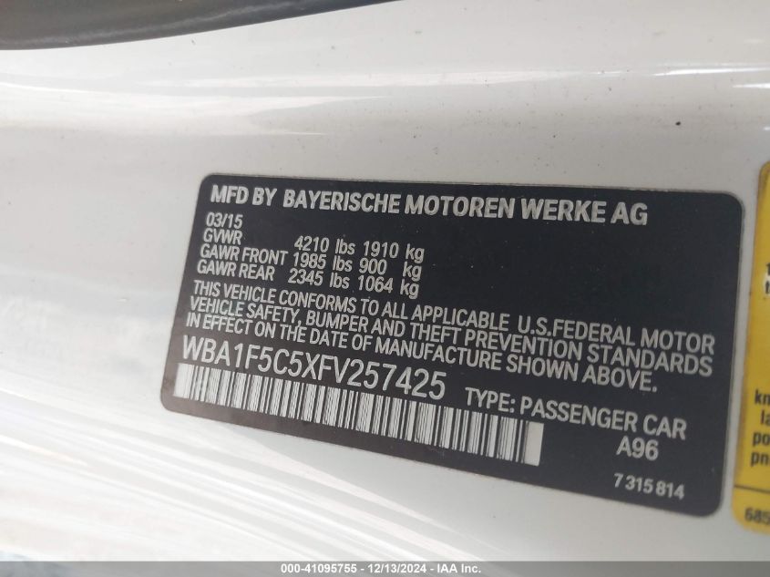 2015 BMW 228I VIN: WBA1F5C5XFV257425 Lot: 41095755