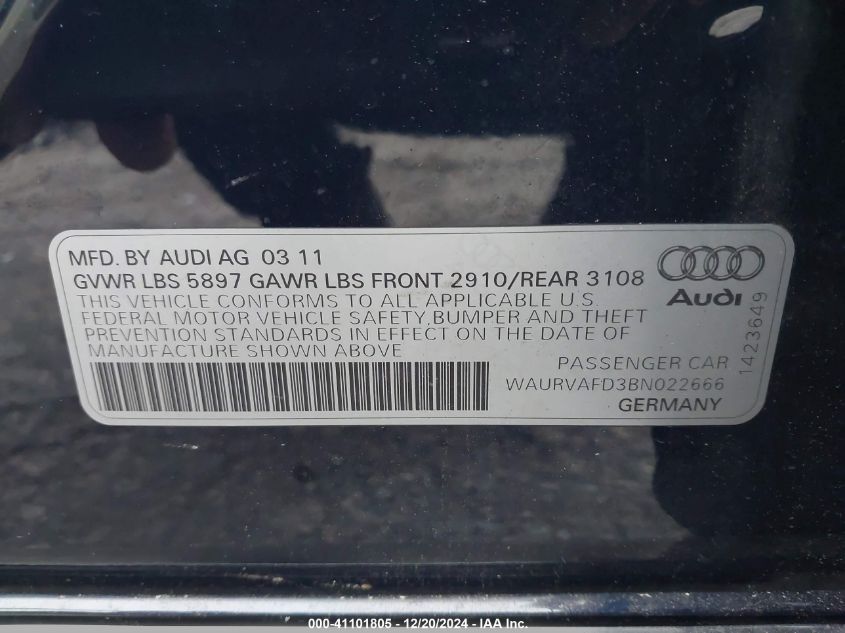 2011 Audi A8 L Quattro VIN: WAURVAFD3BN022666 Lot: 41101805