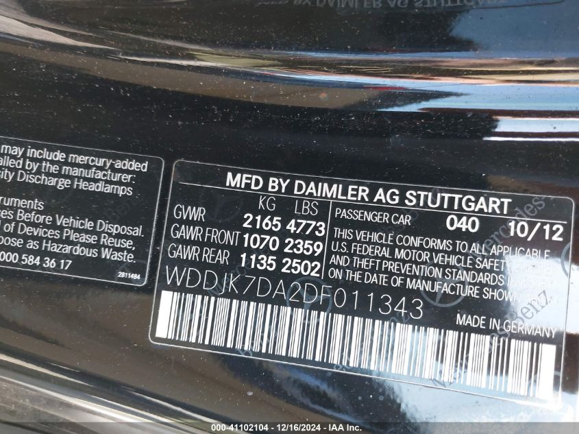 2013 Mercedes-Benz Sl VIN: WDDJK7DA2DF011343 Lot: 41102104