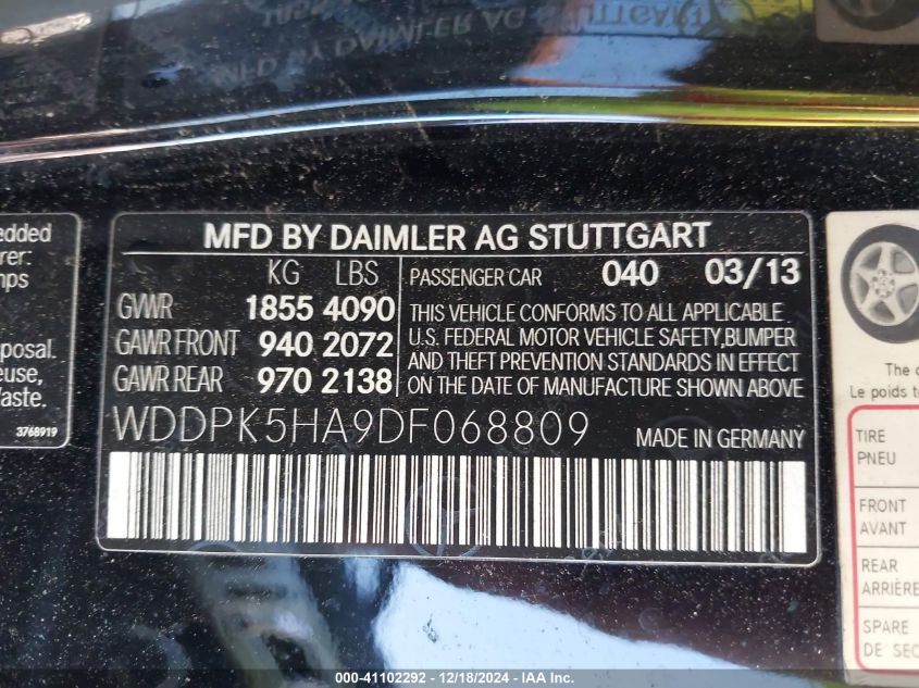 2013 Mercedes-Benz Slk 350 VIN: WDDPK5HA9DF068809 Lot: 41102292