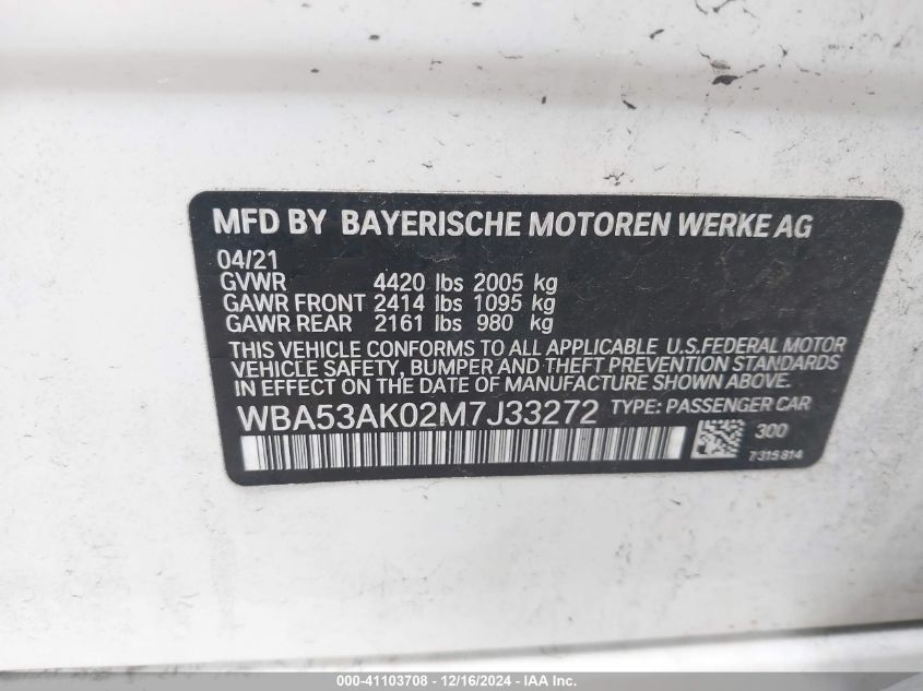 2021 BMW 228I Sdrive VIN: WBA53AK02M7J33272 Lot: 41103708