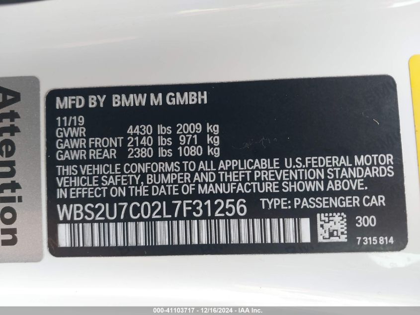 2020 BMW M2 Competition VIN: WBS2U7C02L7F31256 Lot: 41103717