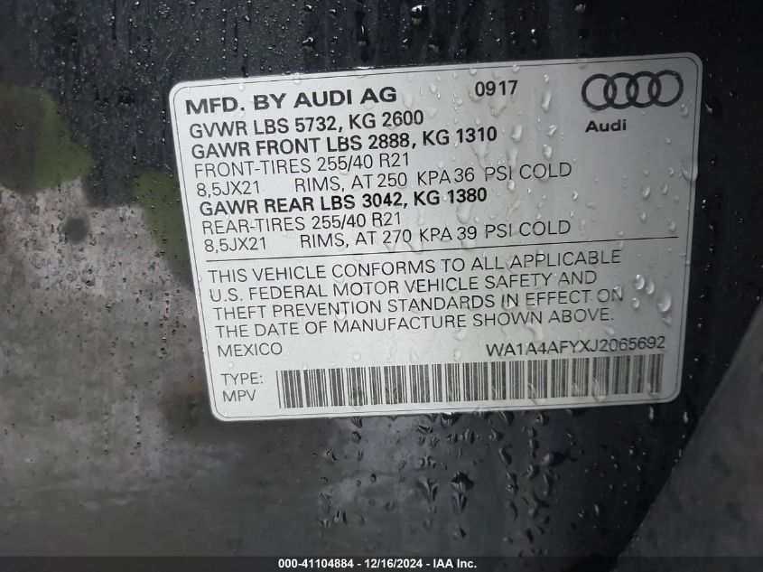 2018 Audi Sq5 3.0T Premium Plus VIN: WA1A4AFYXJ2065692 Lot: 41104884