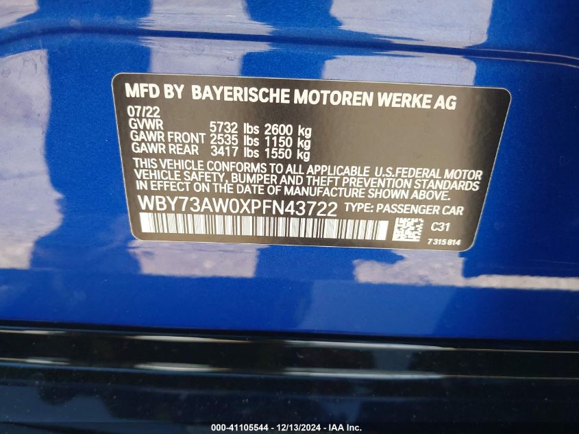 2023 BMW I4 Edrive40 VIN: WBY73AW0XPFN43722 Lot: 41105544