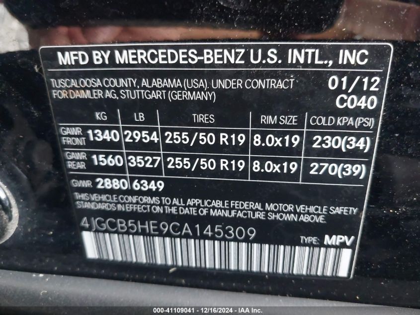 2012 Mercedes-Benz R 350 4Matic VIN: 4JGCB5HE9CA145309 Lot: 41109041