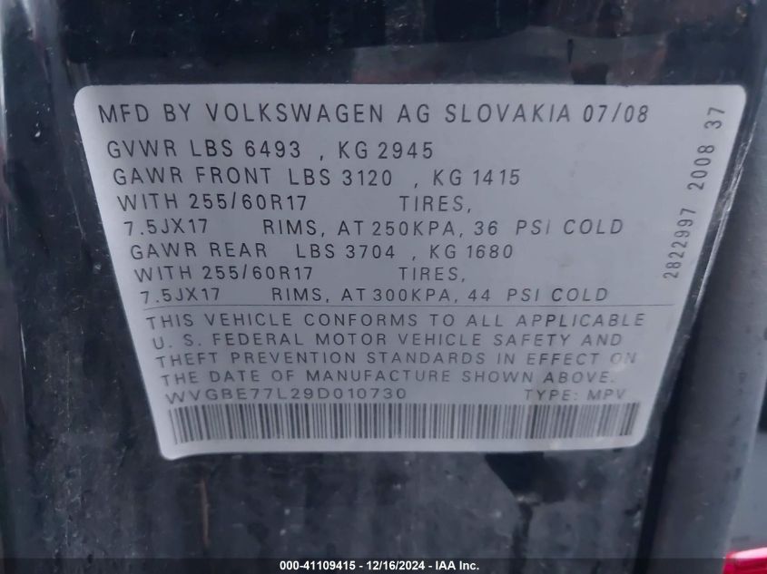 2009 Volkswagen Touareg 2 Vr6 Fsi VIN: WVGBE77L29D010730 Lot: 41109415