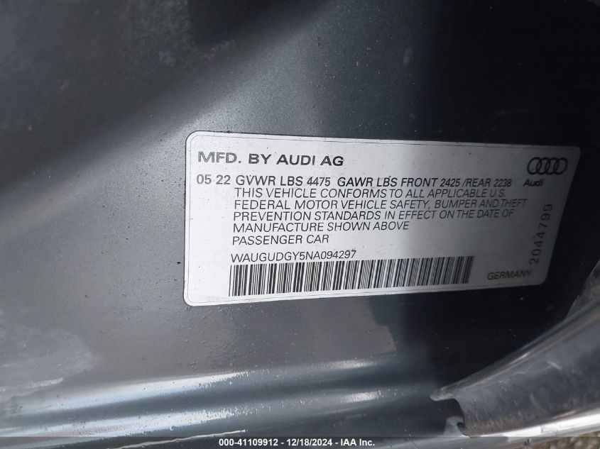 2022 Audi A3 Premium 40 Tfsi Quattro S Tronic VIN: WAUGUDGY5NA094297 Lot: 41109912