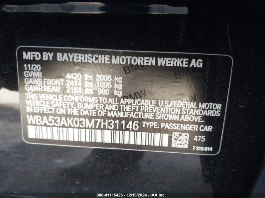 2021 BMW 228I Gran Coupe Sdrive VIN: WBA53AK03M7H31146 Lot: 41115426