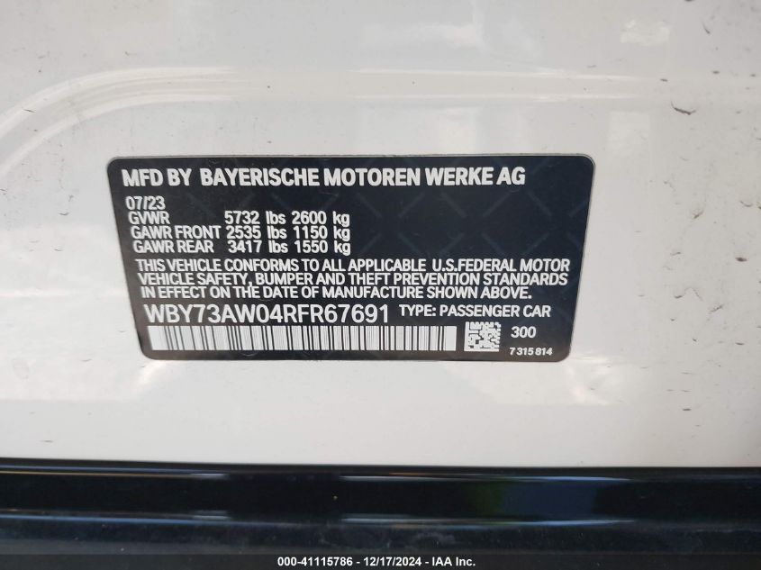 2024 BMW I4 Edrive40 VIN: WBY73AW04RFR67691 Lot: 41115786