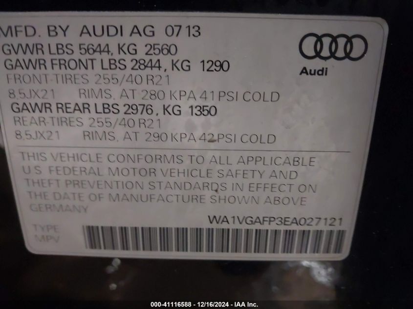 2014 Audi Sq5 3.0T Premium Plus VIN: WA1VGAFP3EA027121 Lot: 41116588