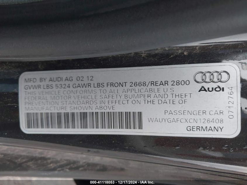 2012 Audi A7 Premium VIN: WAUYGAFCXCN126408 Lot: 41118053