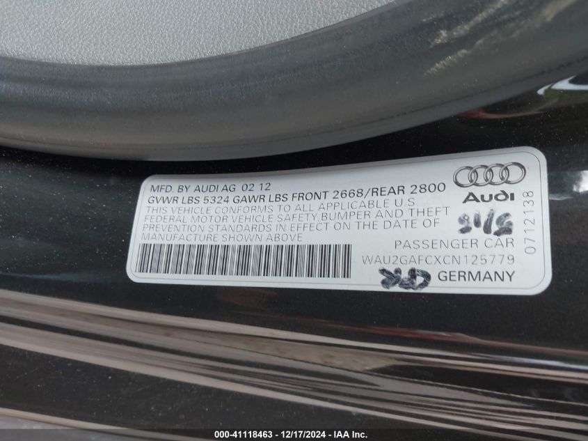 2012 Audi A7 Premium VIN: WAU2GAFCXCN125779 Lot: 41118463