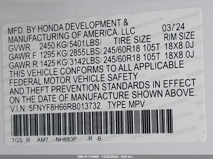 2024 Honda Passport Trailsport VIN: 5FNYF8H66RB013732 Lot: 41118465