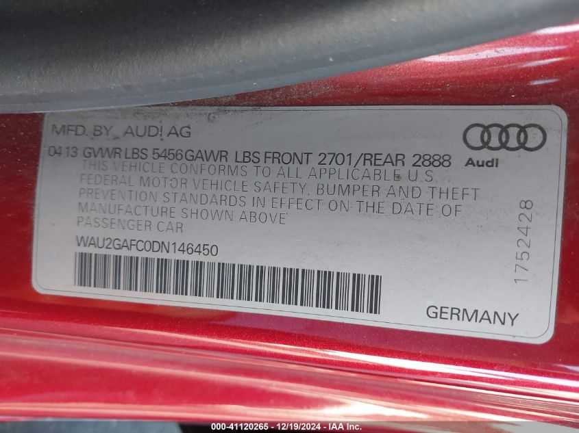 2013 Audi A7 3.0T Premium VIN: WAU2GAFC0DN146450 Lot: 41120265