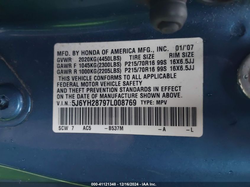 2007 Honda Element Ex VIN: 5J6YH28797L008769 Lot: 41121348