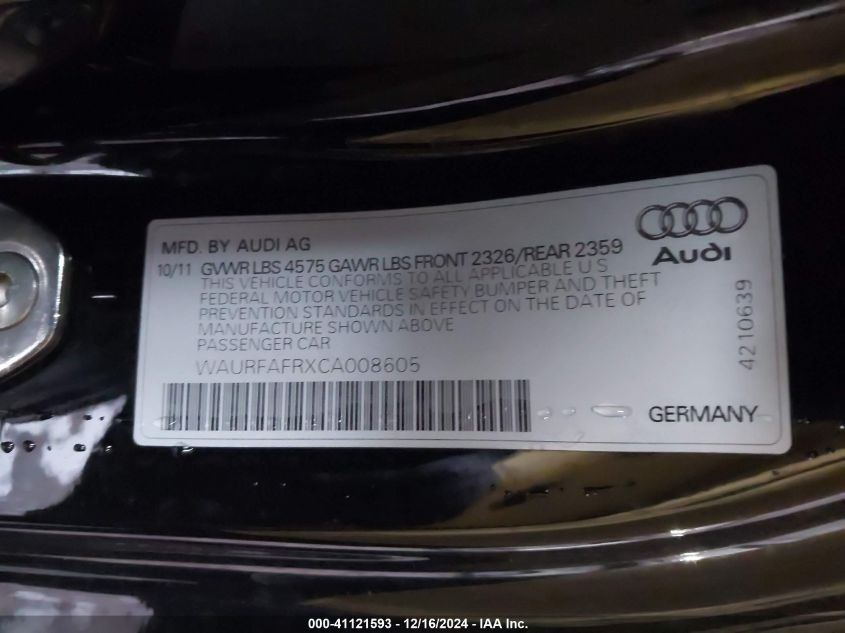 2012 Audi A5 2.0T Premium VIN: WAURFAFRXCA008605 Lot: 41121593