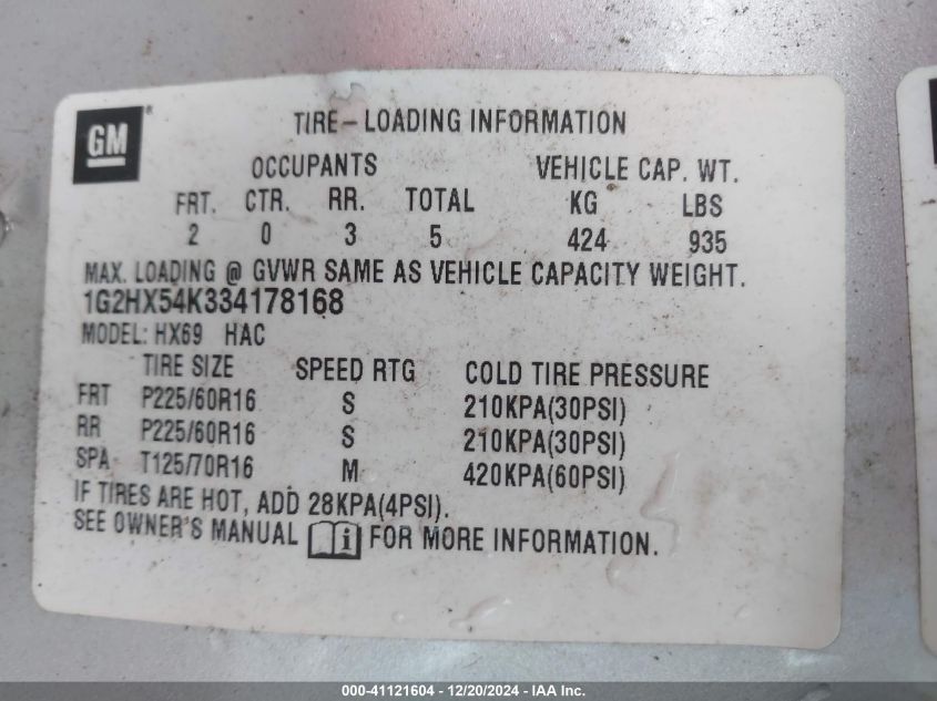 2003 Pontiac Bonneville Se VIN: 1G2HX54K334178168 Lot: 41121604