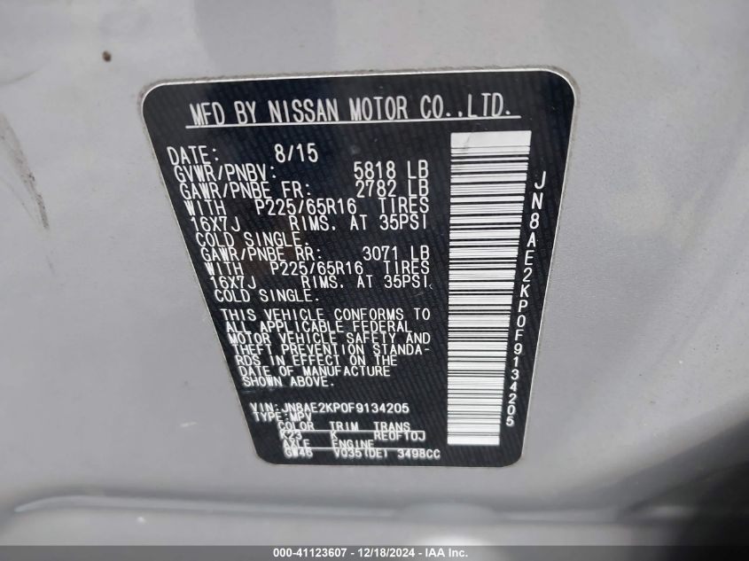 2015 Nissan Quest Platinum/S/Sl/Sv VIN: JN8AE2KP0F9134205 Lot: 41123607