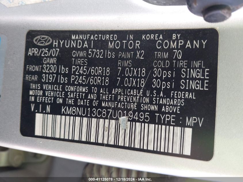 2007 Hyundai Veracruz Gls/Limited/Se VIN: KM8NU13C87U019495 Lot: 41125078