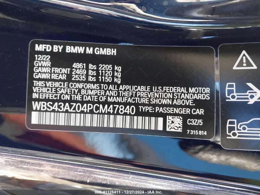 2023 BMW M4 Competition xDrive VIN: WBS43AZ04PCM47840 Lot: 41125411