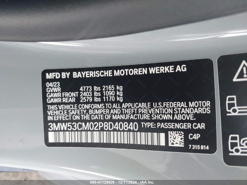 2023 BMW M240 I xDrive VIN: 3MW53CM02P8D40840 Lot: 41128929